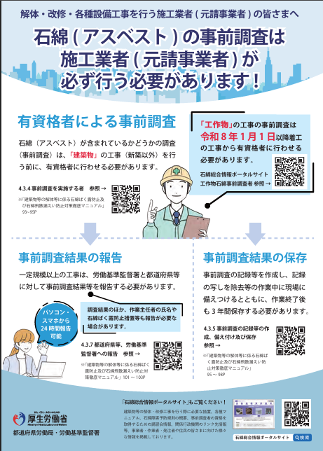 石綿(アスベスト)の事前調査は施工業者(元請事業者)が必ず行う必要があります!〔令和6年(2024年)度版〕表