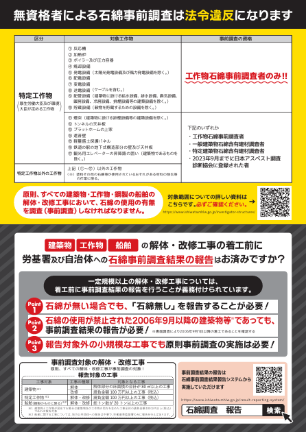 一部工作物の解体・改修・メンテナンス等の工事に当たっては工作物石綿事前調査者による事前調査が必要です!〔令和7年(2025年)度版〕裏